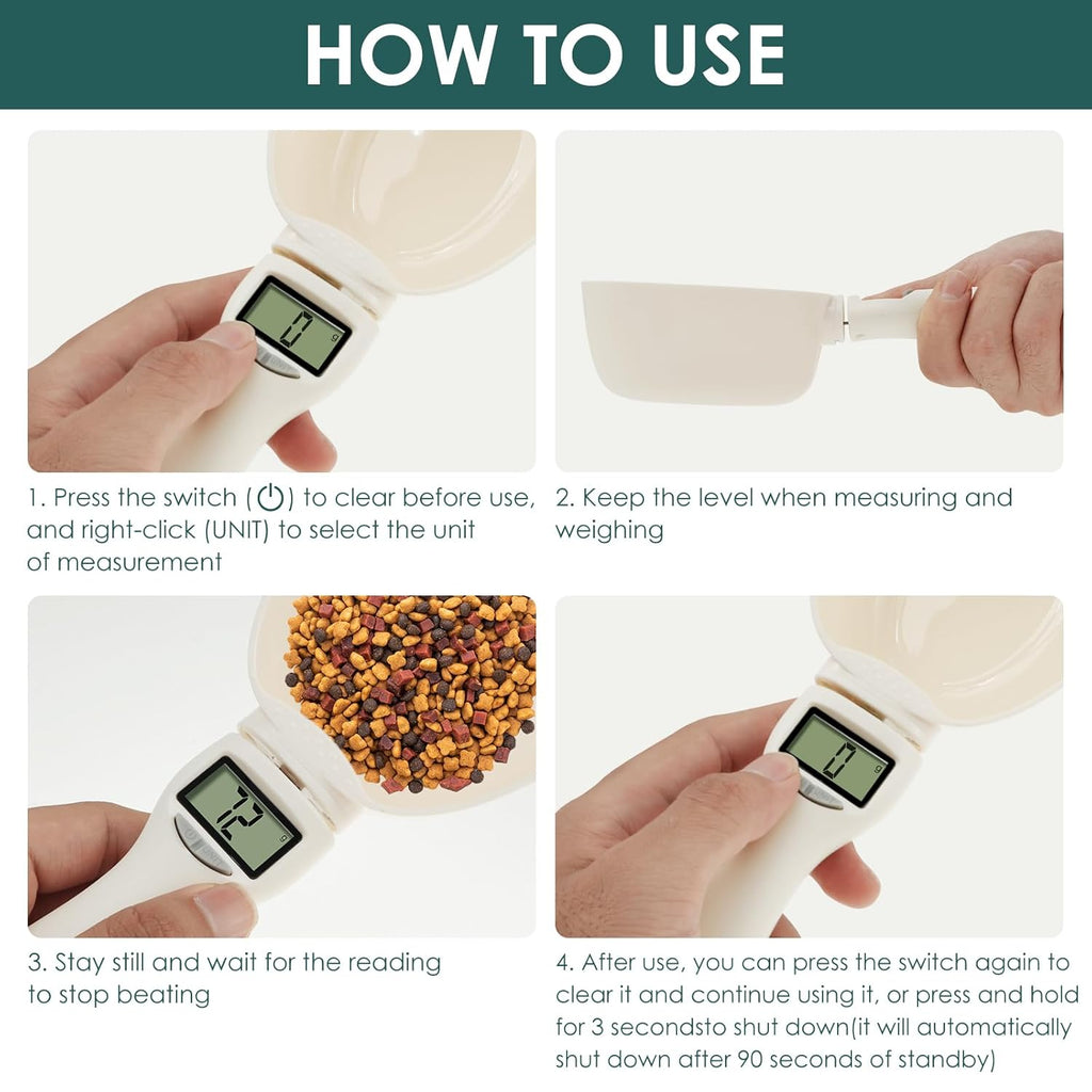 Digital Spoon Scale for Pet Food & Kitchen: 800g/1g Precision, 4 Units (g/oz/ml/Cup) – Removable Handle for Australian Pet Owners & Bakers