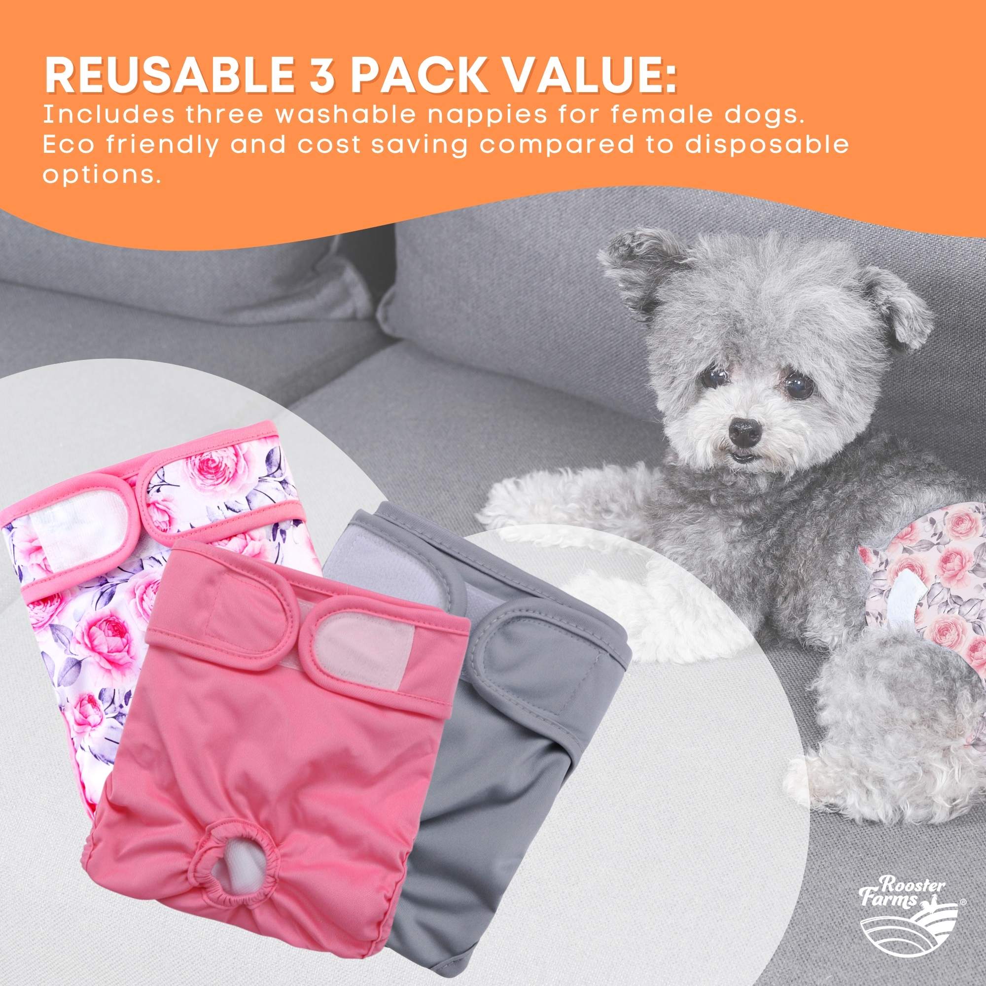 Rooster Farms Female Dog Diapers Small 3Pk - Washable Reusable Nappies Hook/Loop