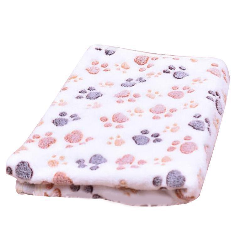 Beige Pet Mat Paw Print Fleeced Soft Pet Blanket and Bed Cushion - Medium