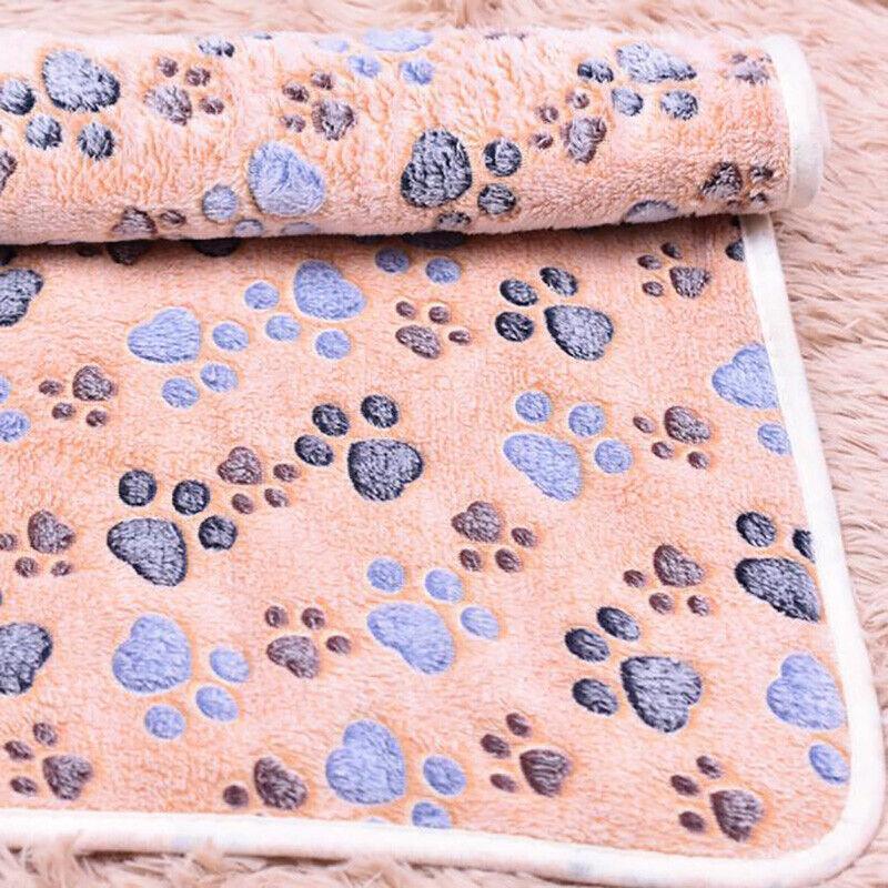 Beige Pet Mat Paw Print Fleeced Soft Pet Blanket and Bed Cushion - Medium