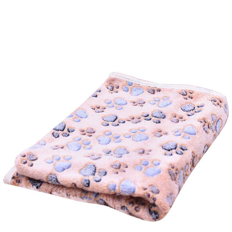 Beige Pet Mat Paw Print Fleeced Soft Pet Blanket and Bed Cushion - Medium