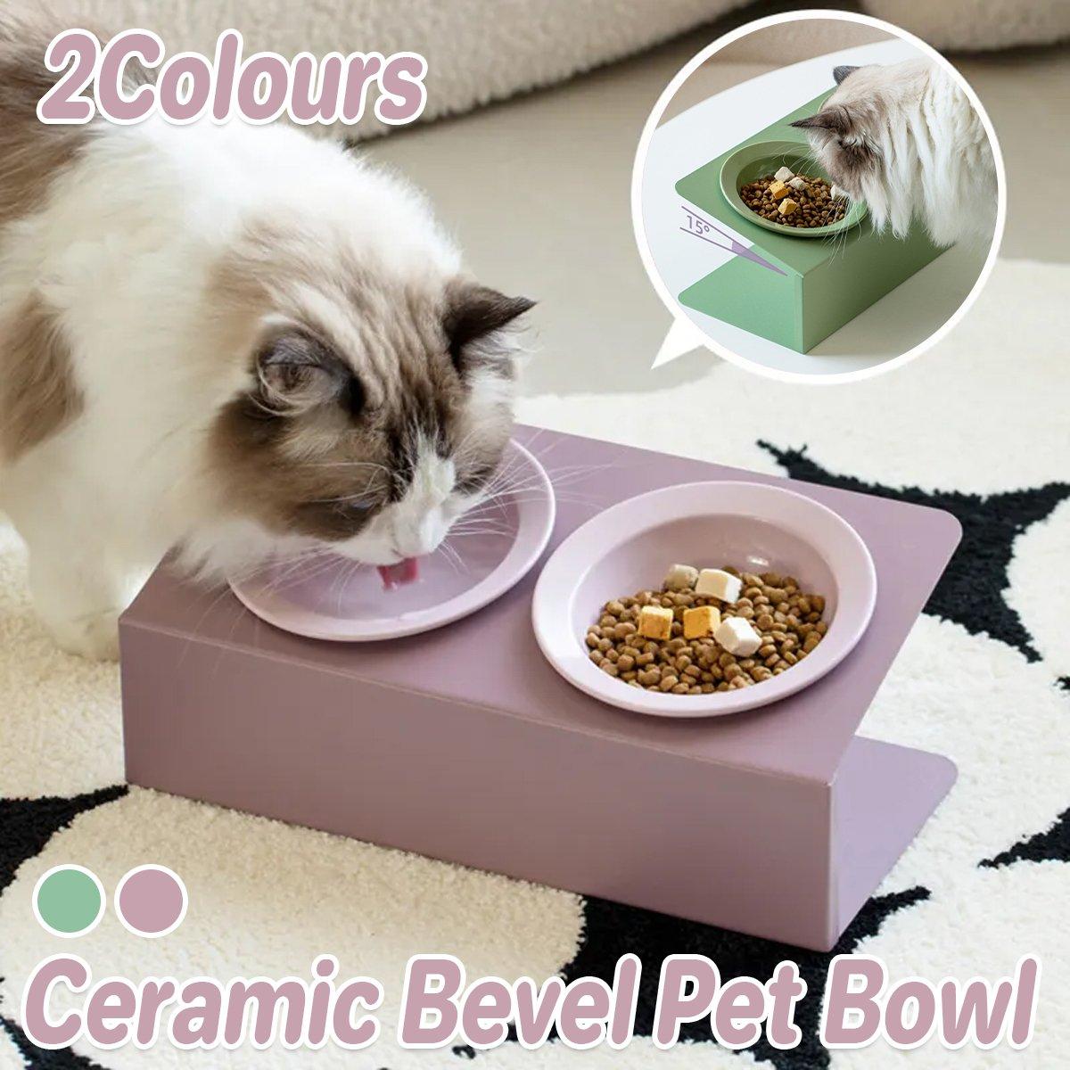 Ceramic Slanted Double Pet Cat Dog Food Water Bowl Non-Slip - Purple