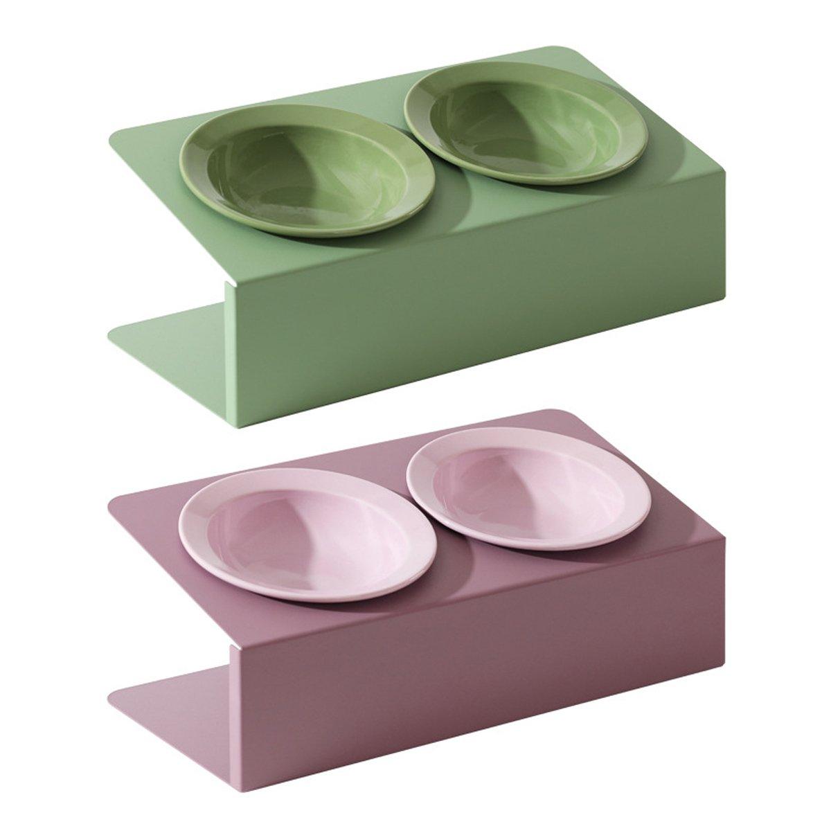 Ceramic Slanted Double Pet Cat Dog Food Water Bowl Non-Slip - Purple