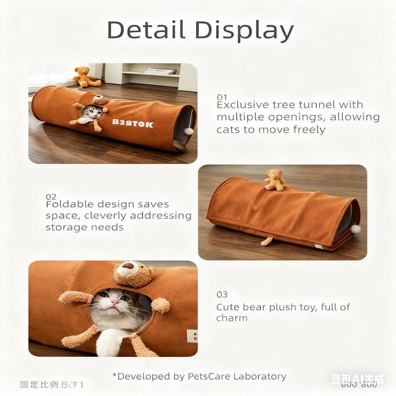 Brown bear Premium Soft Suede Cat Tunnel - Collapsible Play Tube with Peek-a-Boo Hole & Hanging Ball(1.2m)