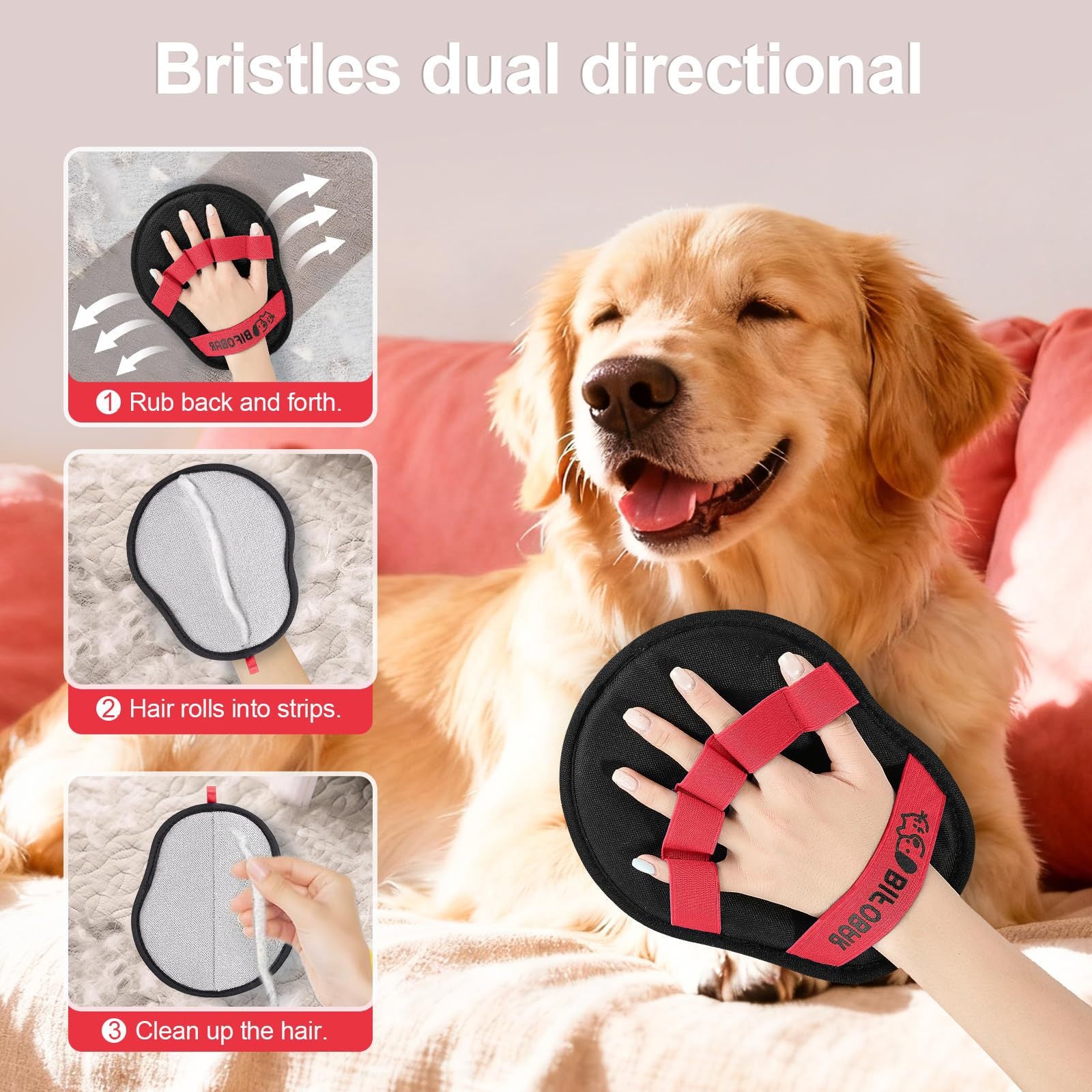 2-Pack Red and Black Pet Hair Remover Glove - Reusable Double-Sided Deshedding Glove for Dog & Cat Grooming, Sofa, Carpet & Clothes Cleaning