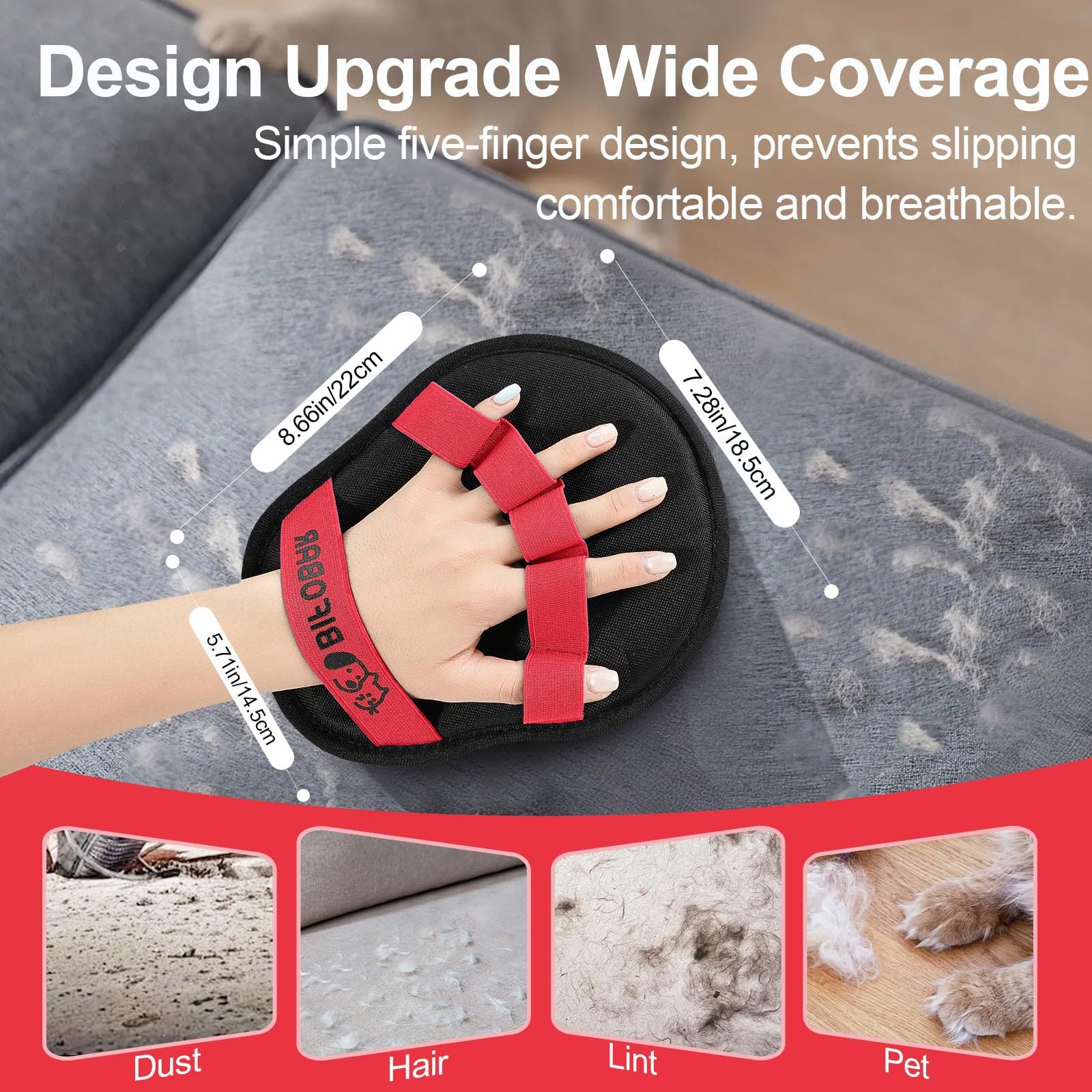 2-Pack Red and Black Pet Hair Remover Glove - Reusable Double-Sided Deshedding Glove for Dog & Cat Grooming, Sofa, Carpet & Clothes Cleaning