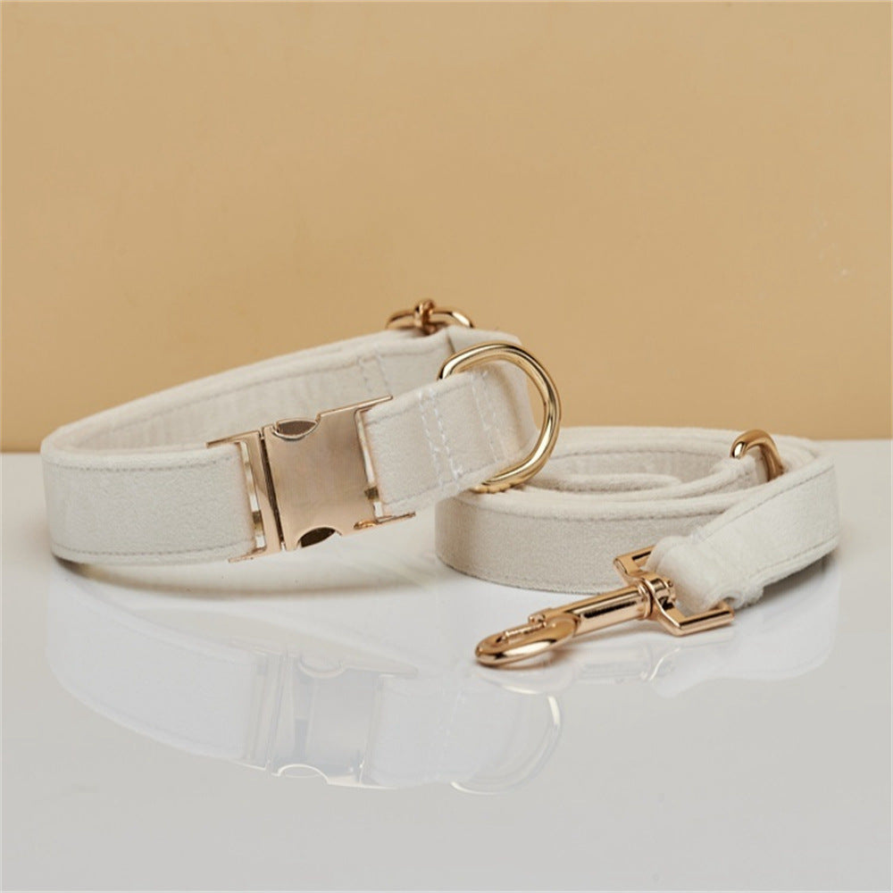 S Beige Luxury Velvet Pet Collar & Leash Set - Engravable Dog Collar with Gold Hardware