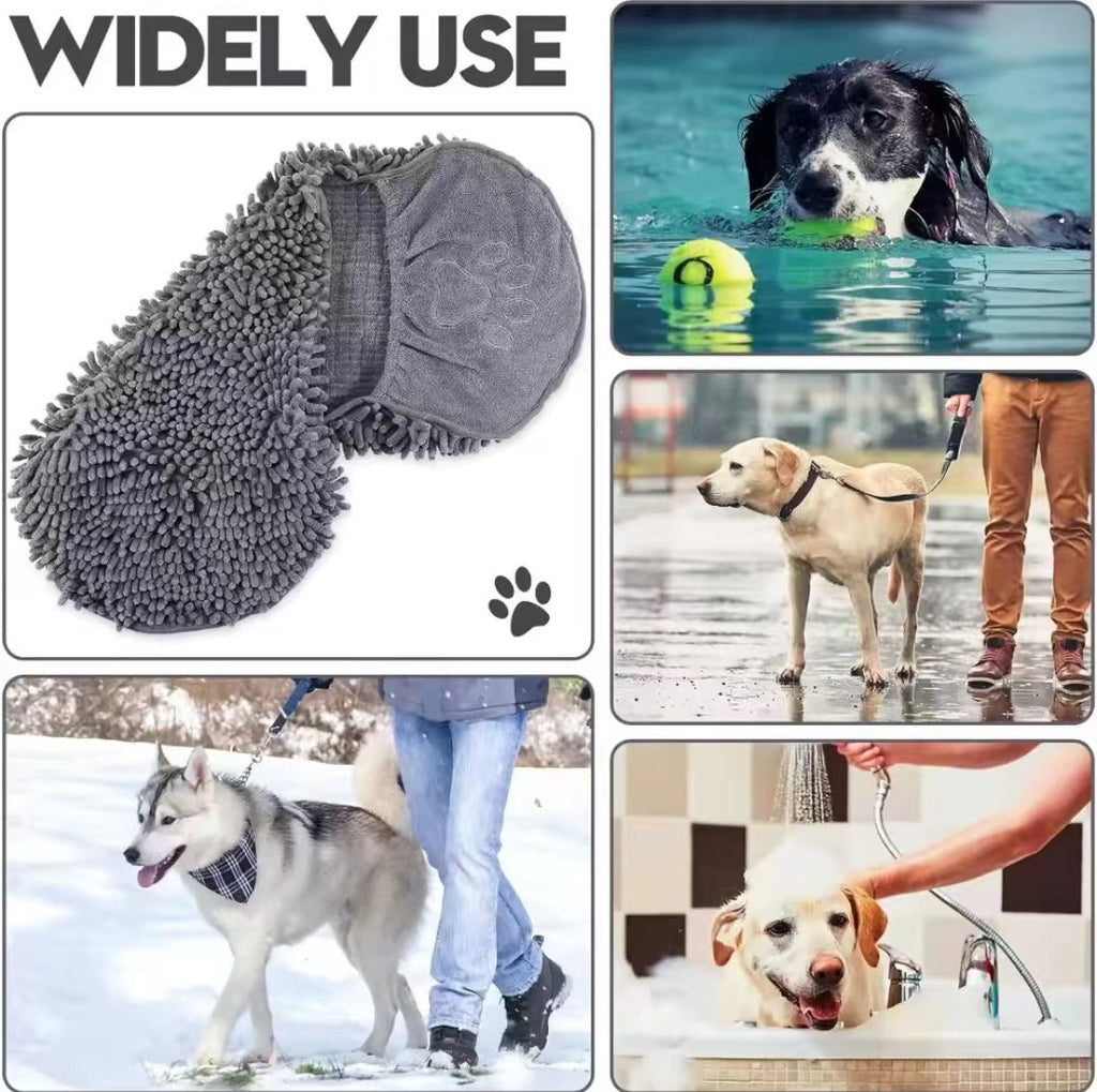 Grey Super Absorbent Pet Bath Towel with Hand Pockets Quick Dry Chenille Microfibre for Dogs and Cats Large Size 62cm