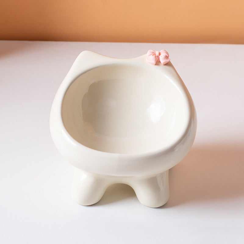 Beige Ceramic Elevated Cat Bowl Tilted Raised Pet Feeder with Anti-Slip Base Cute Design for Wet or Dry Food Ideal for Australian Pets