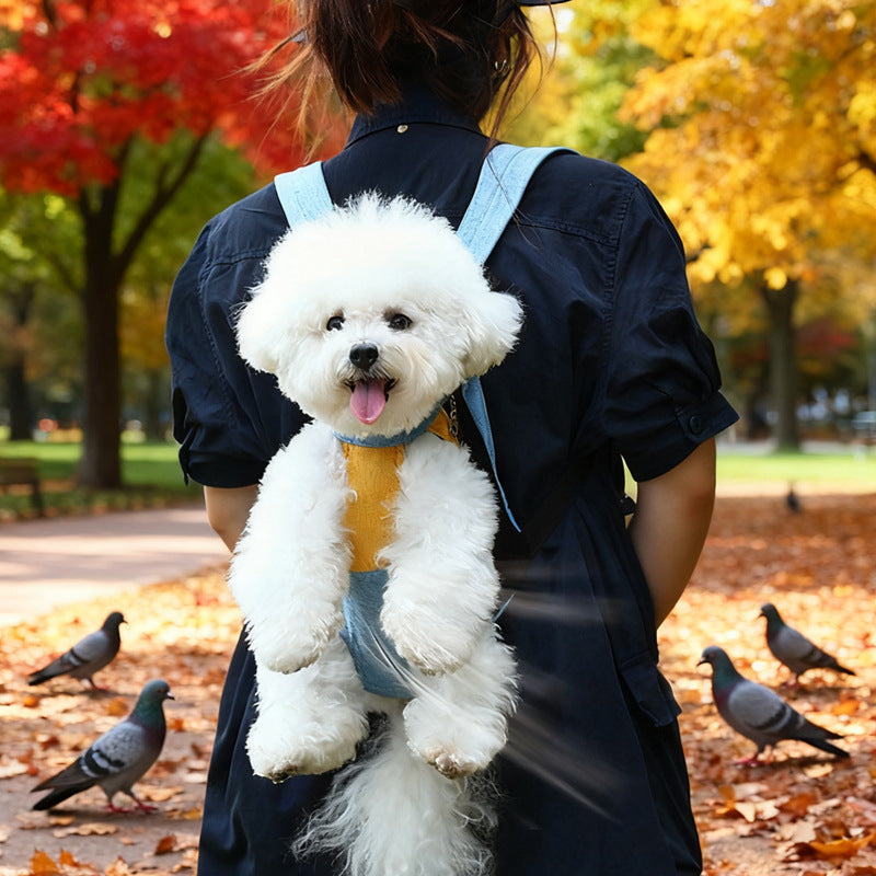 Red denim blue Pet Carrier Backpack Front Chest Pack Legs Out Breathable Mesh for Small Dogs Cats Hiking Travel Hands Free Adjustable Design(Size:S)