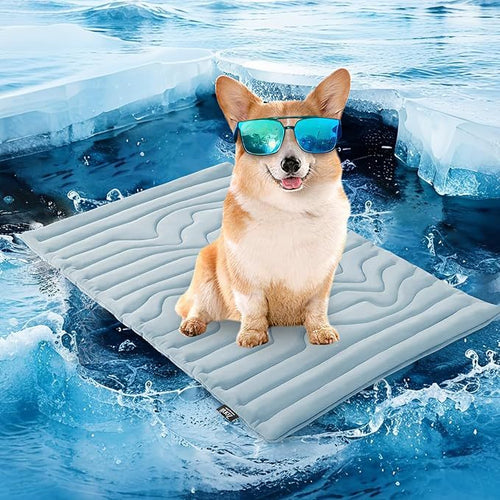 2 Pack Medium Dog Cooling Mat 91x58cm - Reversible Self Cooling & Warm Pet Bed Pad - Beige & Bipolar Blue Crate Liner for Breeds up to 20kg
