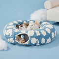 2-in-1 Cat Tunnel Bed Blue Daisy 80cm - Plush Donut Pet Cave & Play Tube - Detachable Washable Cushion & Interactive Hanging Toy for Indoor Cats