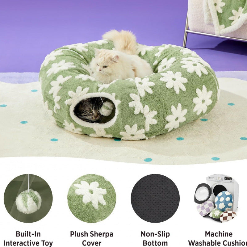 2-in-1 Cat Tunnel Bed Purple Daisy 80cm - Plush Donut Pet Cave & Play Tube - Detachable Washable Cushion & Interactive Hanging Toy for Indoor Cats