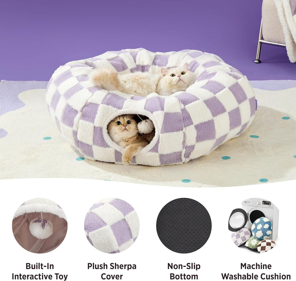 2-in-1 Cat Tunnel Bed Coffee Brown Daisy 80cm - Plush Donut Pet Cave & Play Tube - Detachable Washable Cushion & Interactive Hanging Toy for Indoor Cats