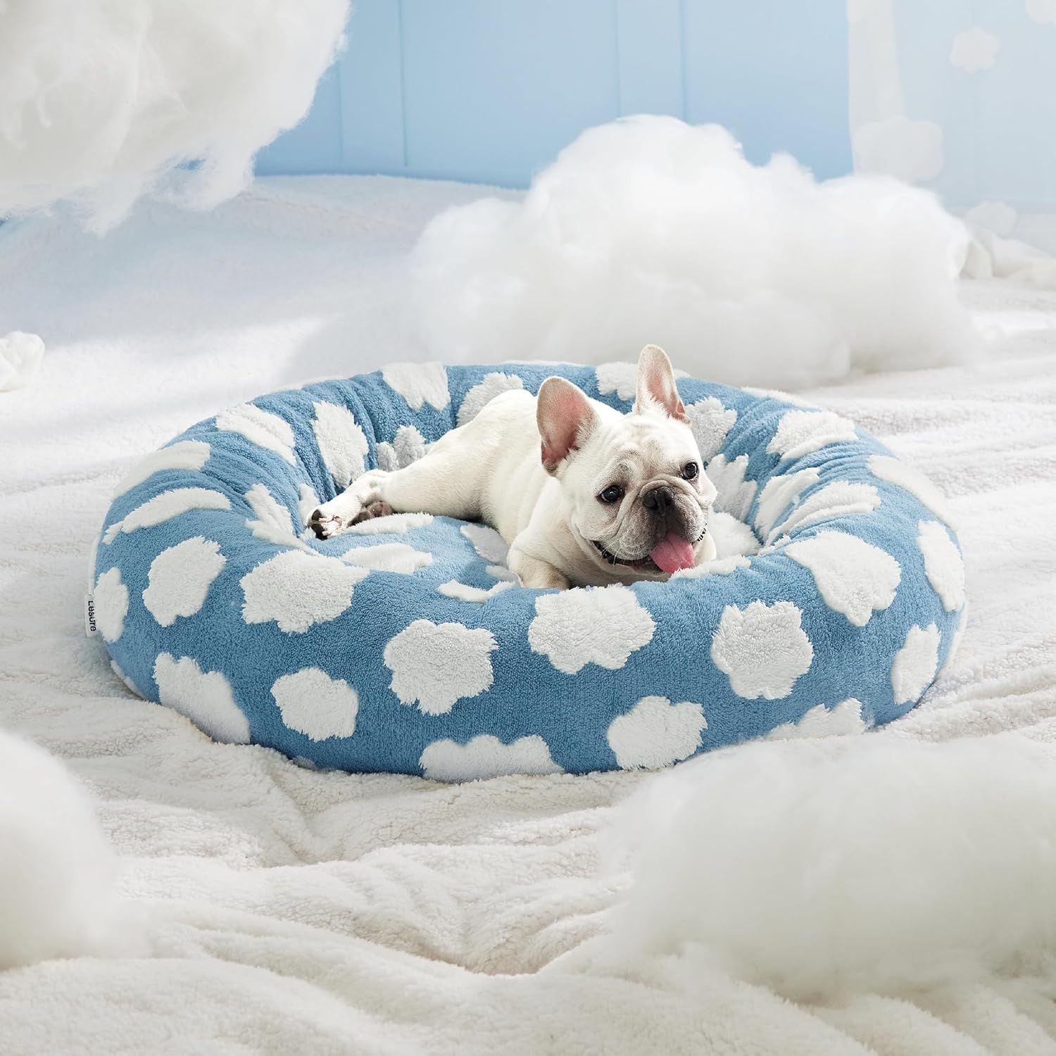 50cm Round Pet Bed Blue Sky & Clouds Design - Soft Plush Donut Cuddler for Small Dogs & Cats - Calming Anxiety Relief & All-Season Comfort