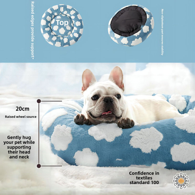 50cm Round Pet Bed Brown & White Checkerboard - Soft Plush Donut Cuddler for Small Dogs & Cats - Calming Anxiety Relief & All-Season Comfort