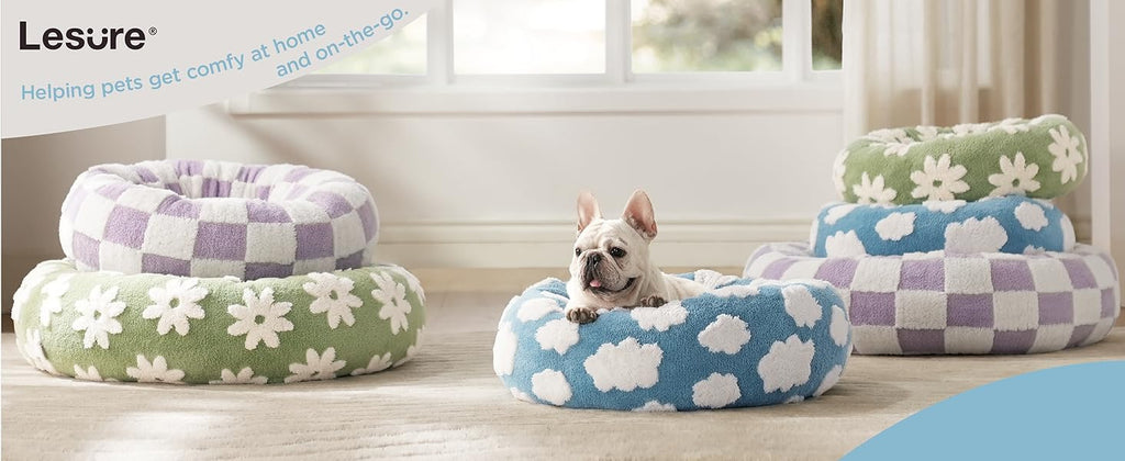 50cm Round Pet Bed Purple & White Checkerboard - Soft Plush Donut Cuddler for Small Dogs & Cats - Calming Anxiety Relief & All-Season Comfort