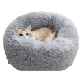 Grey Cozy Donut Long Plush Cat & Dog Calming Bed(Diameter 50cm) - Double-Layer PP Cotton Filling Warming Pet Bed with Anti-Slip Base & Free Blanket