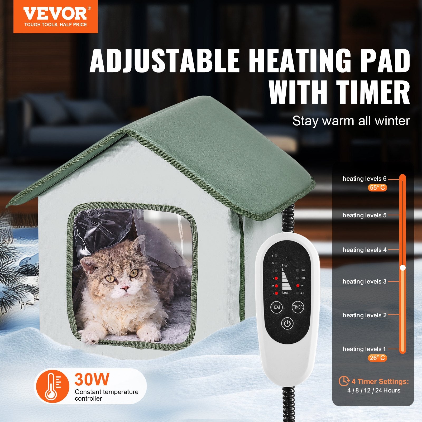 VEVOR Elevated Heated Cat House with timer for Outdoor Shelter