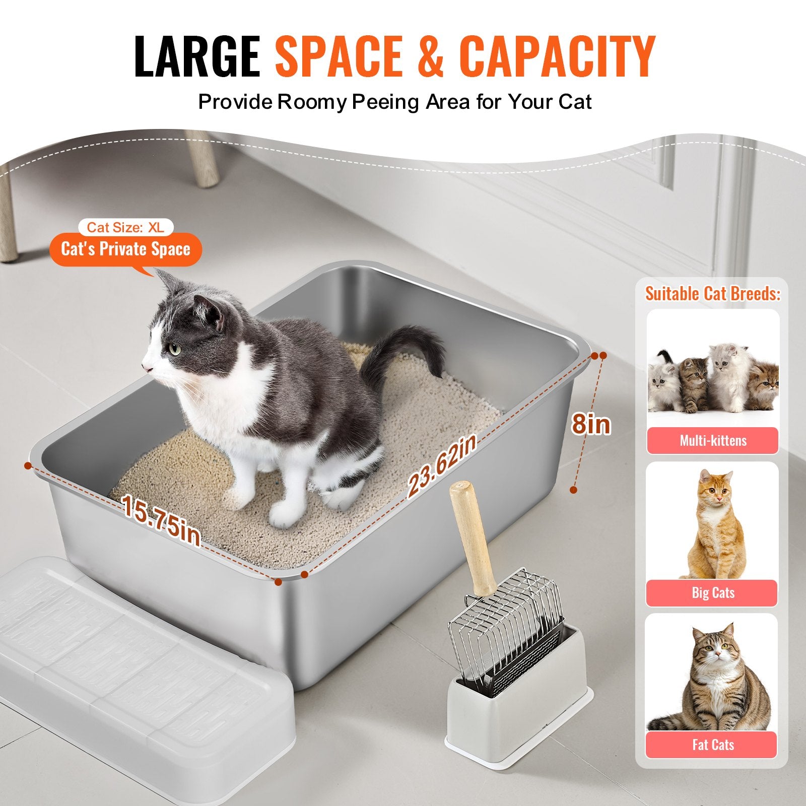 VEVOR Extra Large Stainless Steel Cat Litter Box with Scoop