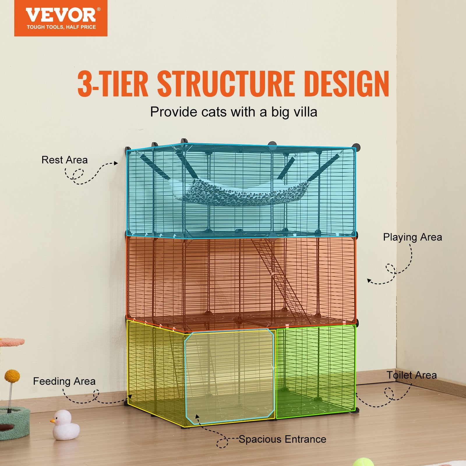 VEVOR Large Detachable Metal 3-tier Cat Cage with Large Hammock 2 Ramp Ladders