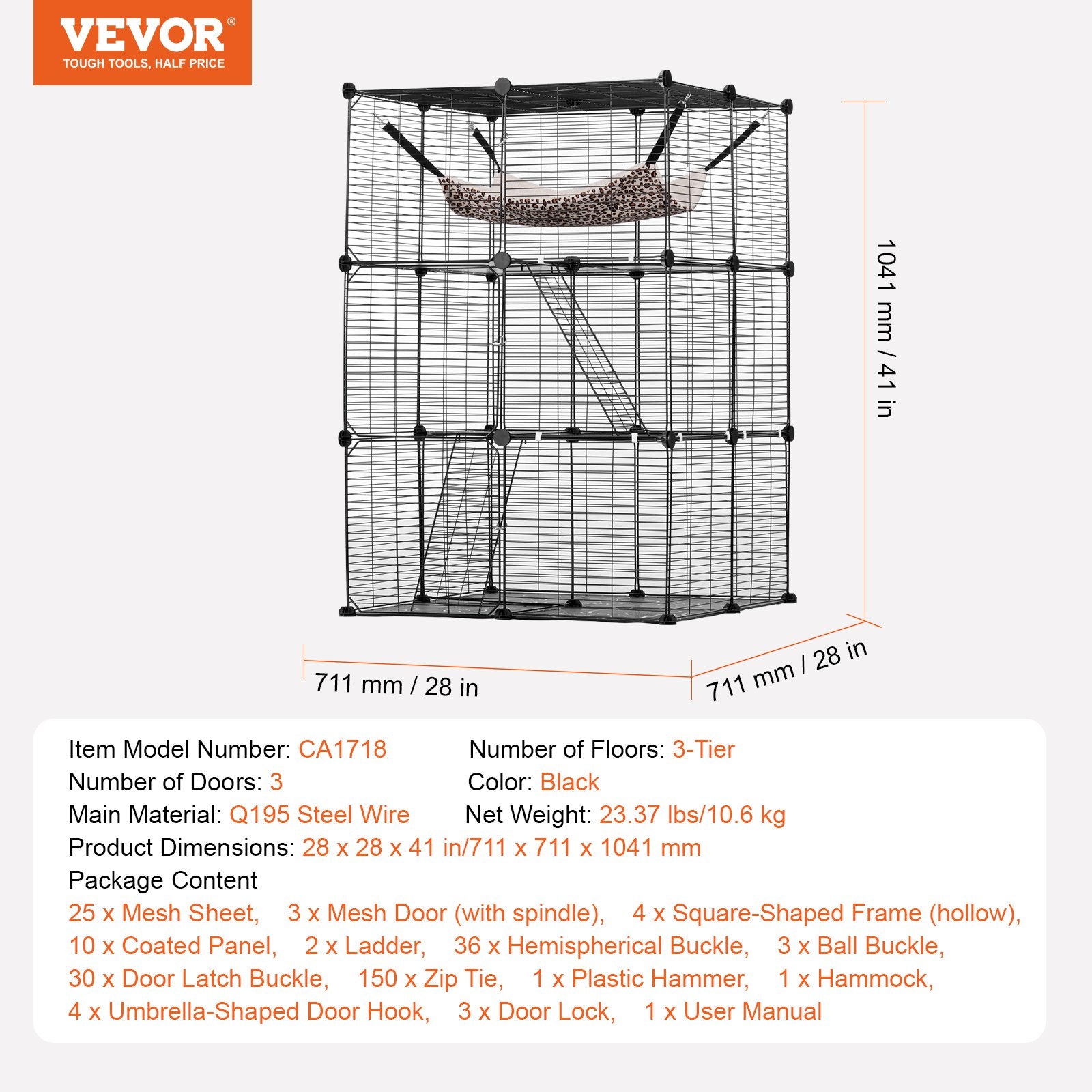 VEVOR Large Detachable Metal 3-tier Cat Cage with Large Hammock 2 Ramp Ladders