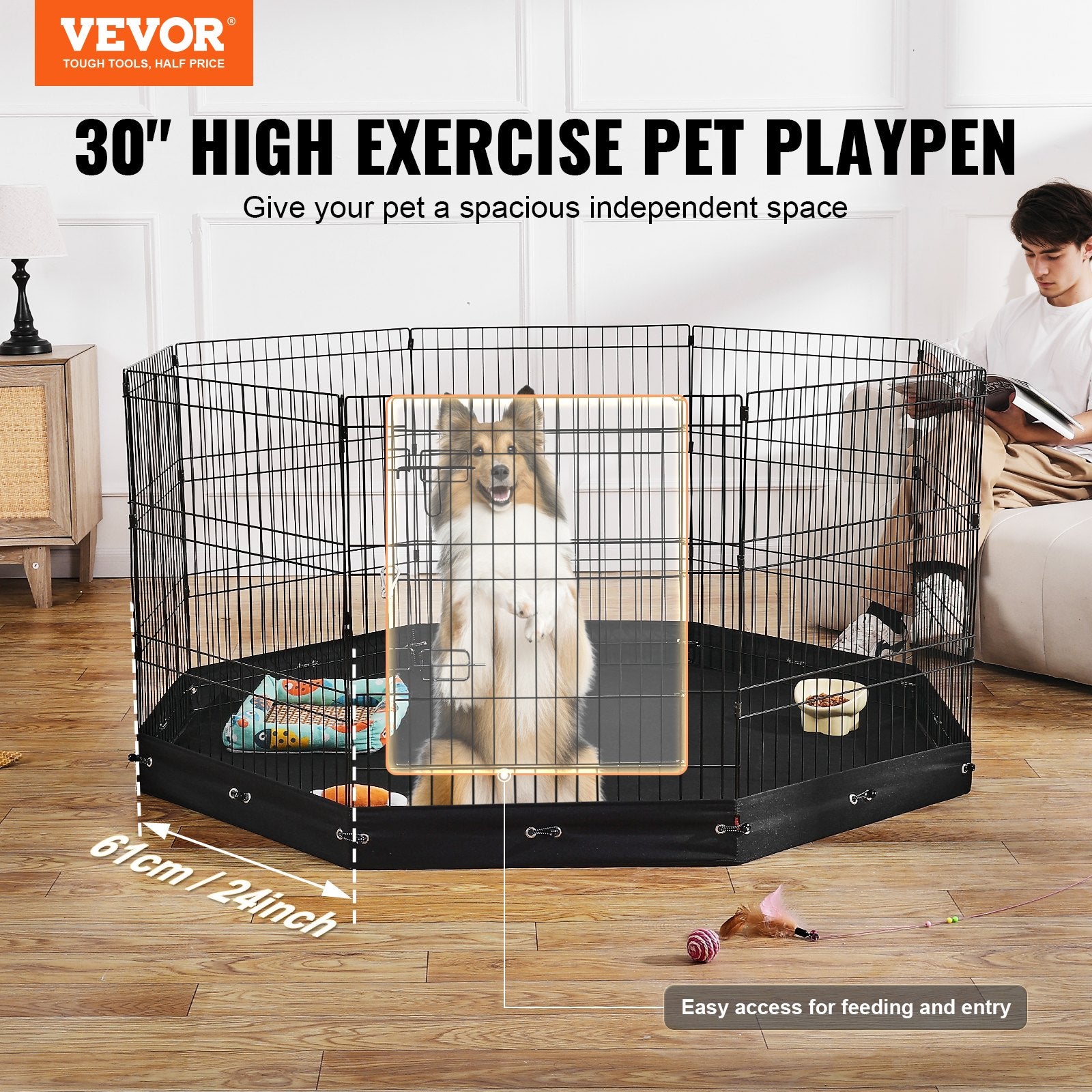 VEVOR Dog Playpen, 8 Pcs 30"H x 24"W Panels Foldable Indoor and Outdoor Metal with Door - Suitable for Dogs Cats and other small animals