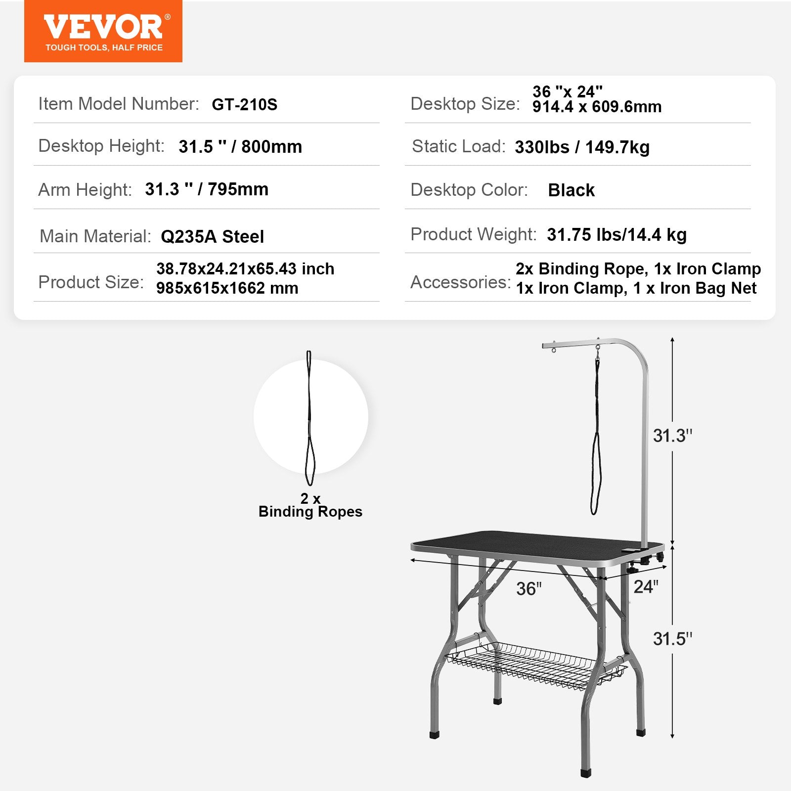 VEVOR Foldable Grooming Table Arm with Clamp for Medium and Small Dogs