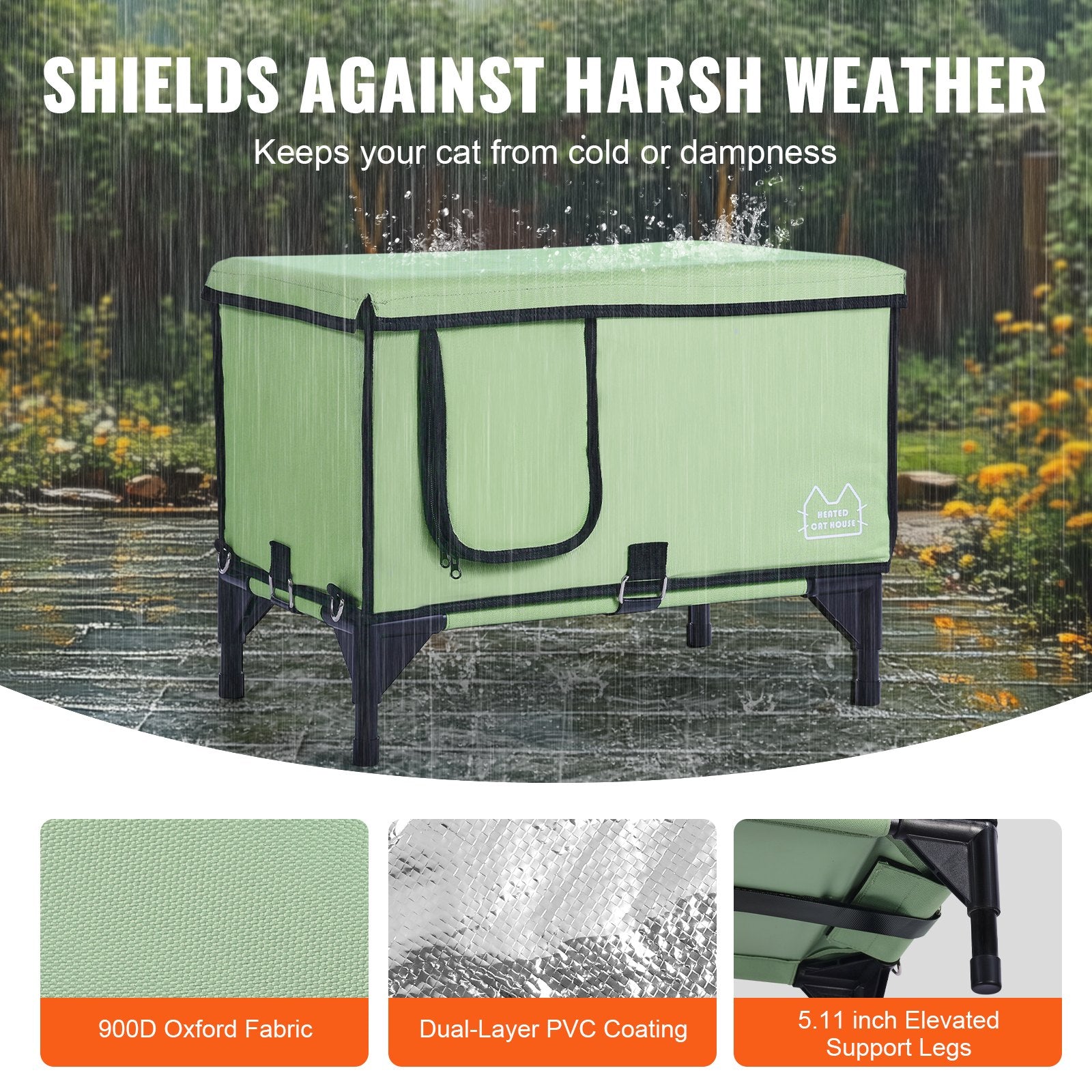 VEVOR Elevated Heated Cat House with Adjustable Temperature and Timer - Green