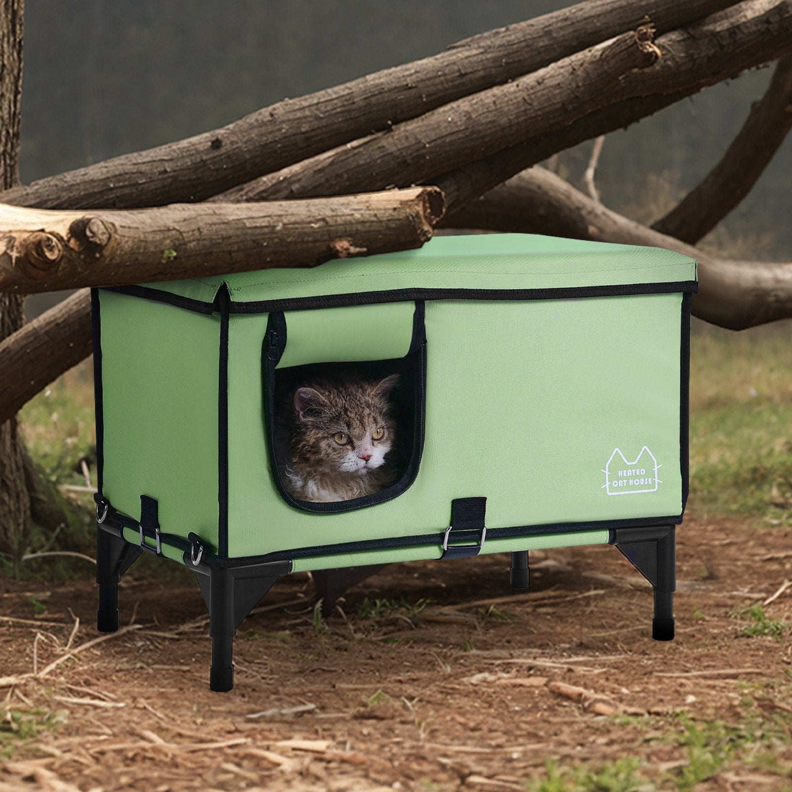 VEVOR Elevated Heated Cat House with Adjustable Temperature and Timer - Green